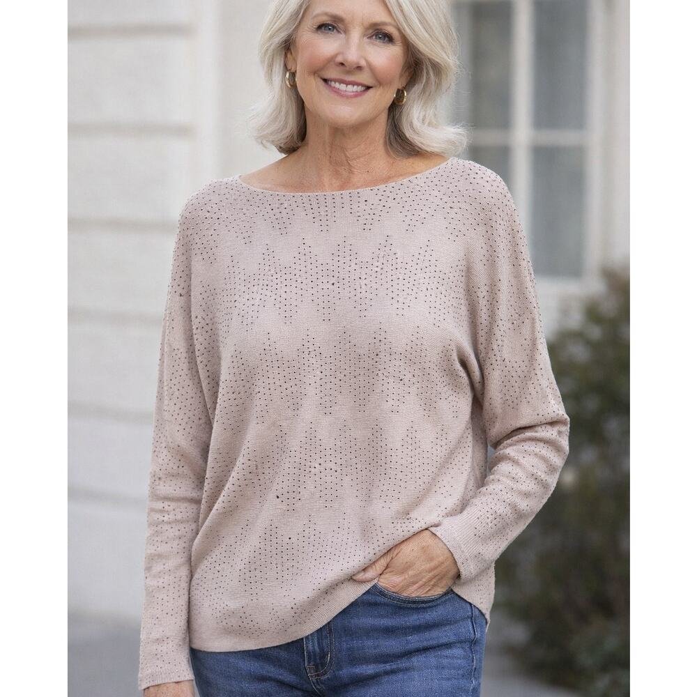 LIV Milano Beige Studded Knit Sweater Dolman Sleeve Soft Stretch Top Women’s M